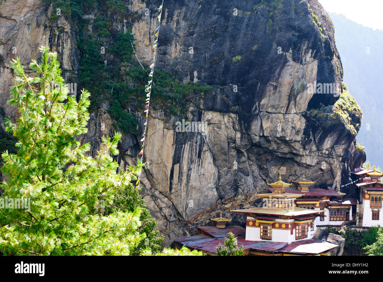 Tiger's Nest,10,180 feet high,two hour hike,woods trees,mists,cliffhanger,Buddhist pilgrimage,very sacred holy place,Paro Bhutan Stock Photo