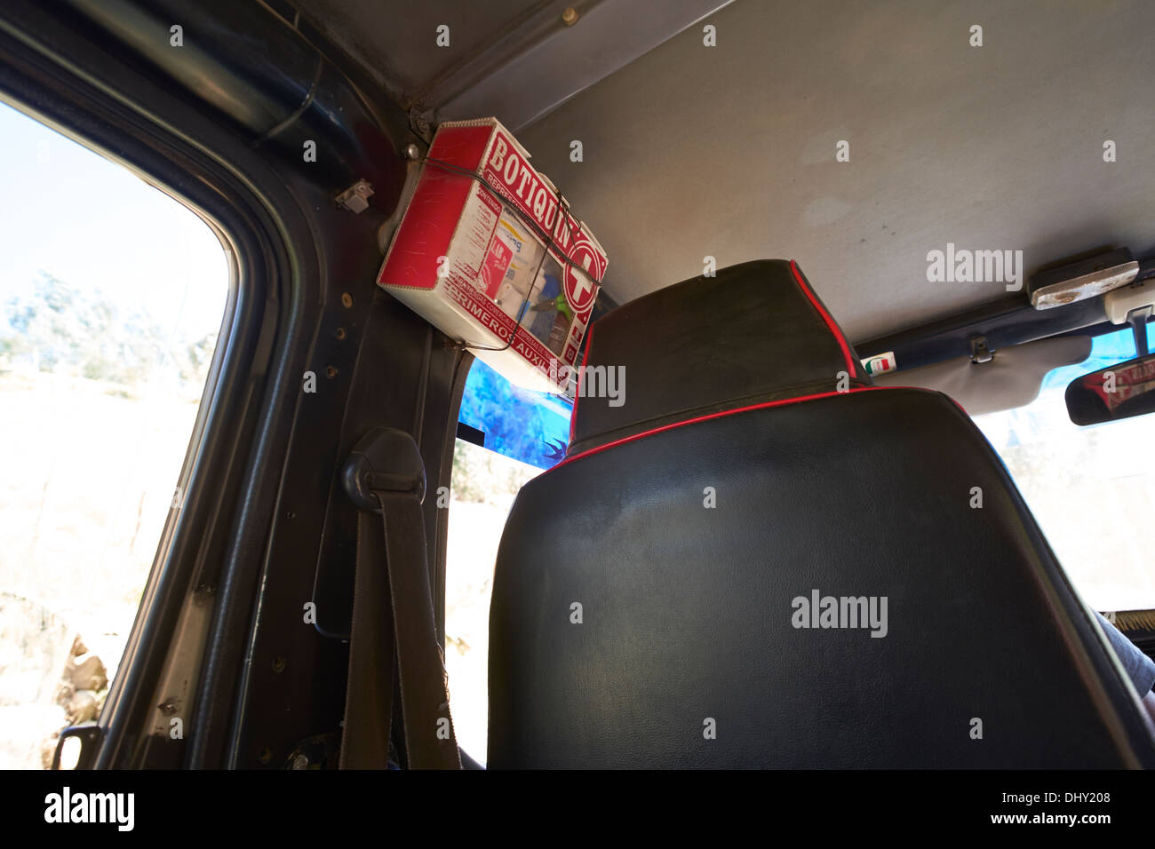 A first aid kit onboard a bus in the Peruvian Andes. Stock Photo