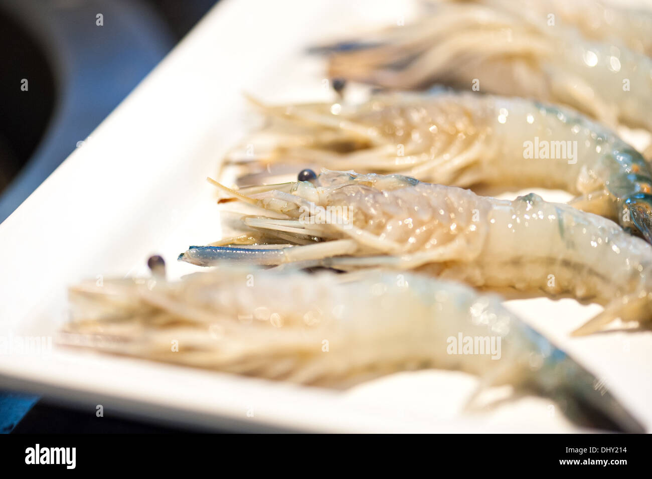 Pile of Shrimp in white dish . Stock Photo