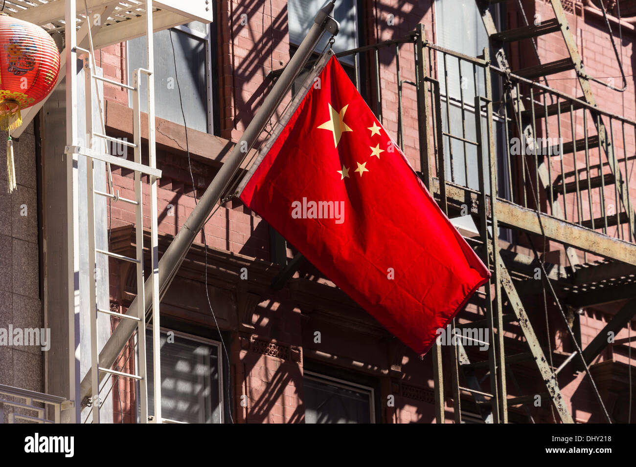 People's Republic of China Flag, Chinatown, NYC Stock Photo