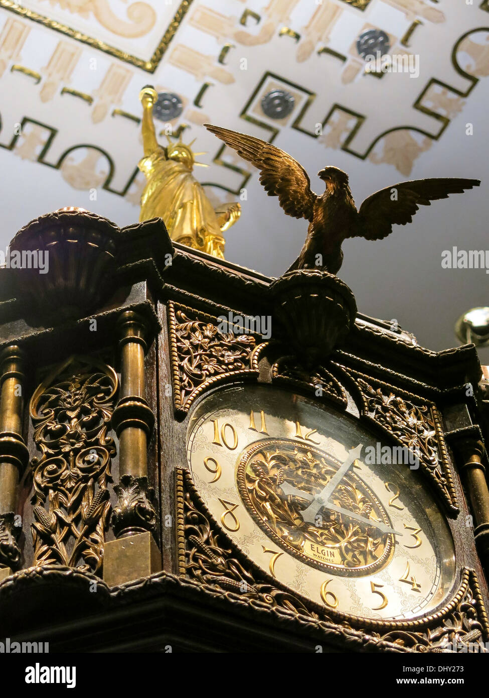 Ornately Carved Bronze Clock in the Waldorf-Astoria Hotel, NYC Stock Photo