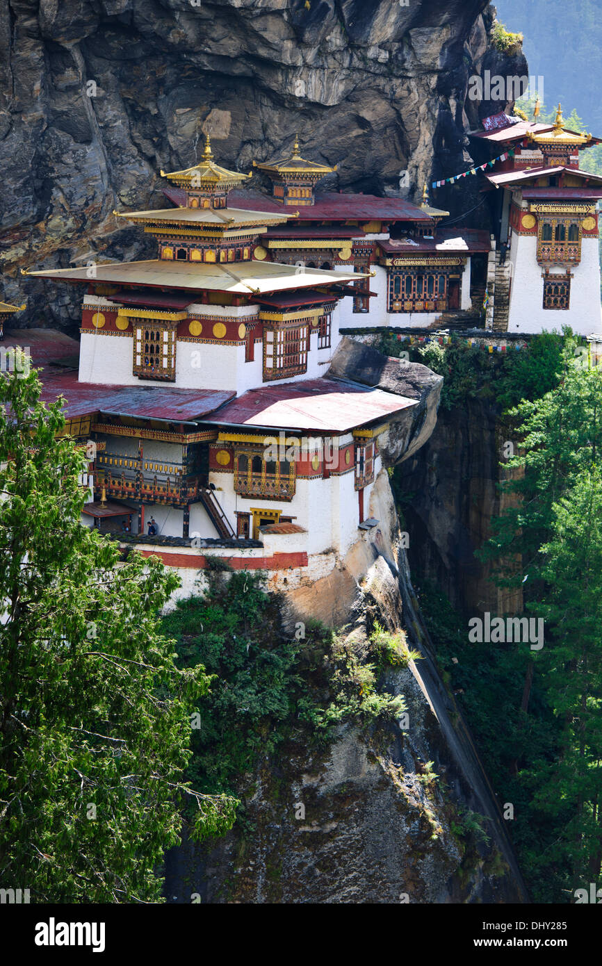 Tiger's Nest,10,180 feet high,two hour hike,woods trees,mists,cliffhanger,Buddhist pilgrimage,very sacred holy place,Paro Bhutan Stock Photo