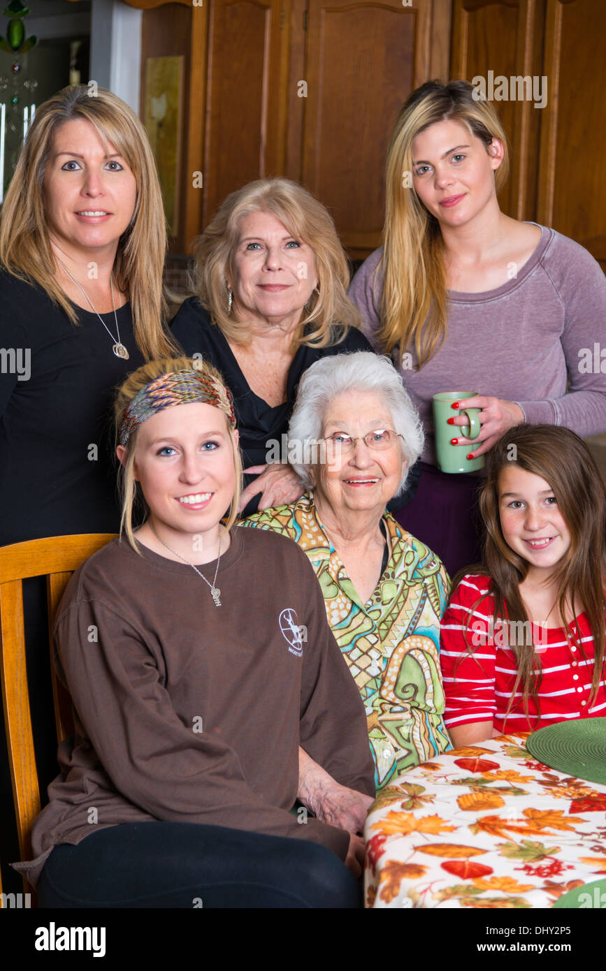 Multiple generations family portrait. Family members are all females and of caucasian ethnicity. Stock Photo