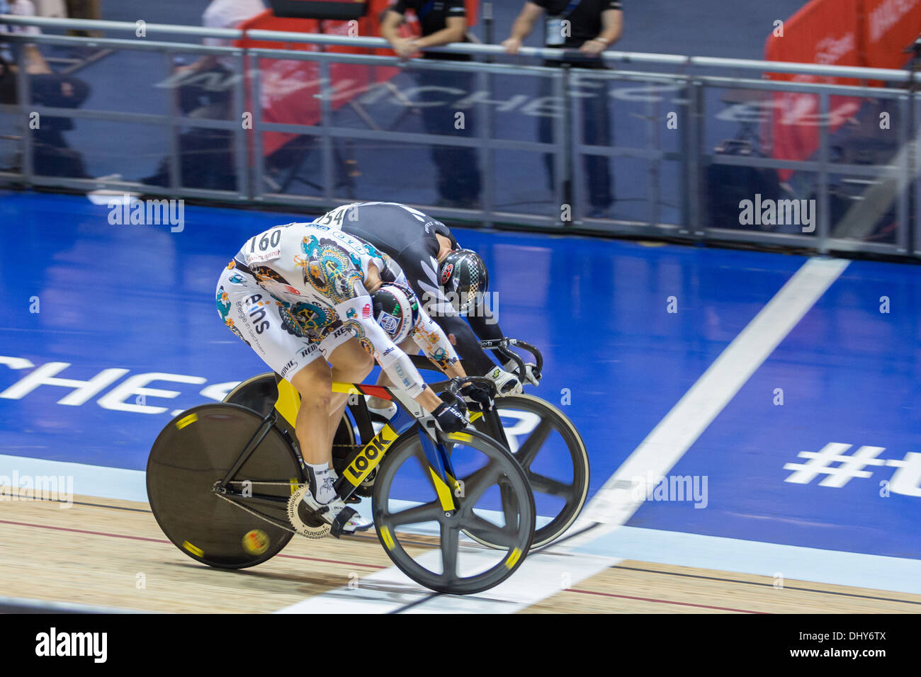 Mens Sprint Photo Finish at the UCI Track Cycling World Cup Manchester 2013 Stock Photo