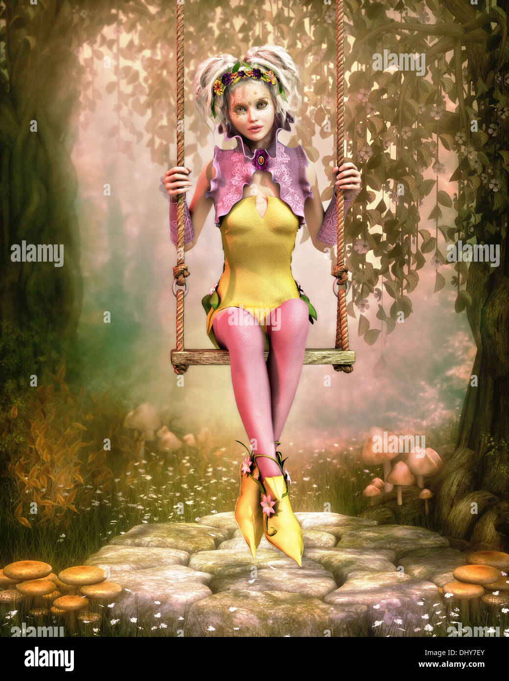 3D computer graphics of a cute fairy sitting on a swing Stock Photo