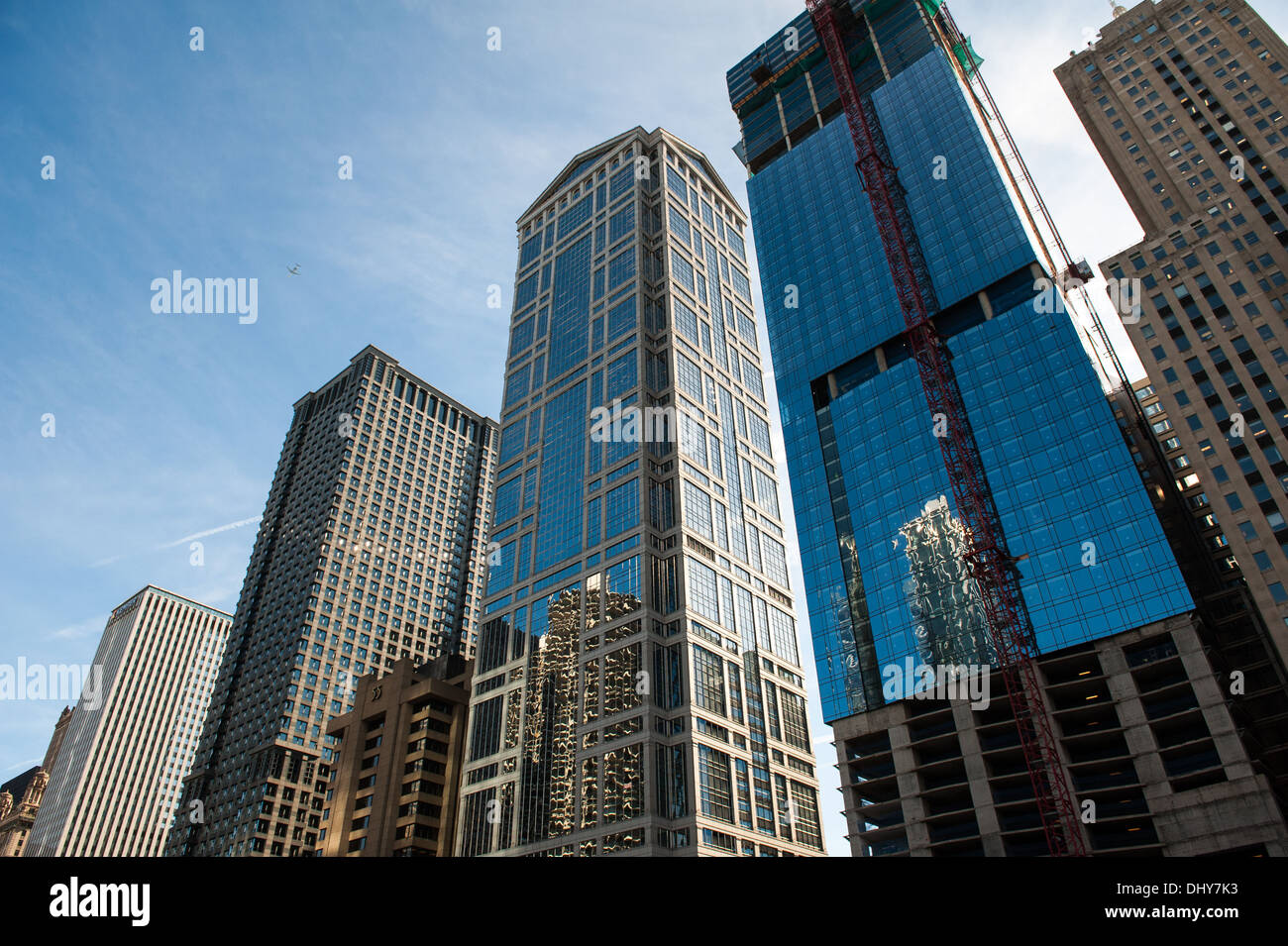 The 111 W. Wacker building seen under construction among other
