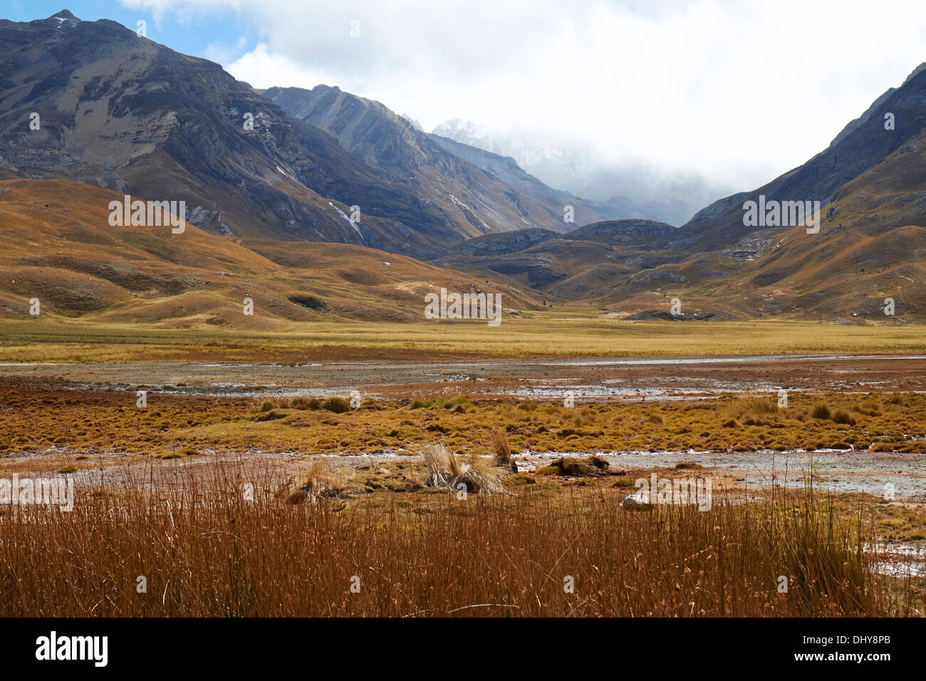 High mountains in the Rio Pumapampa valley in the Peruvian Andes, South America. Stock Photo