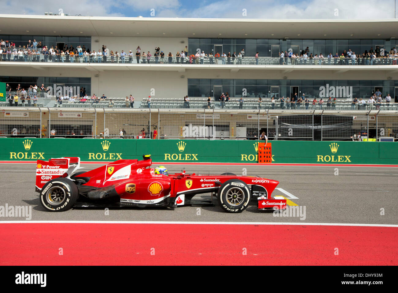 F1 race car driver Fernando Alonso of Scuderia Ferrari on the main straightaway during qualifying for the United States Grand Prix at the 3.2 mile Circuit of the Americas track outside Austin Texas. Alonso qualified for the race, held the following day. Stock Photo
