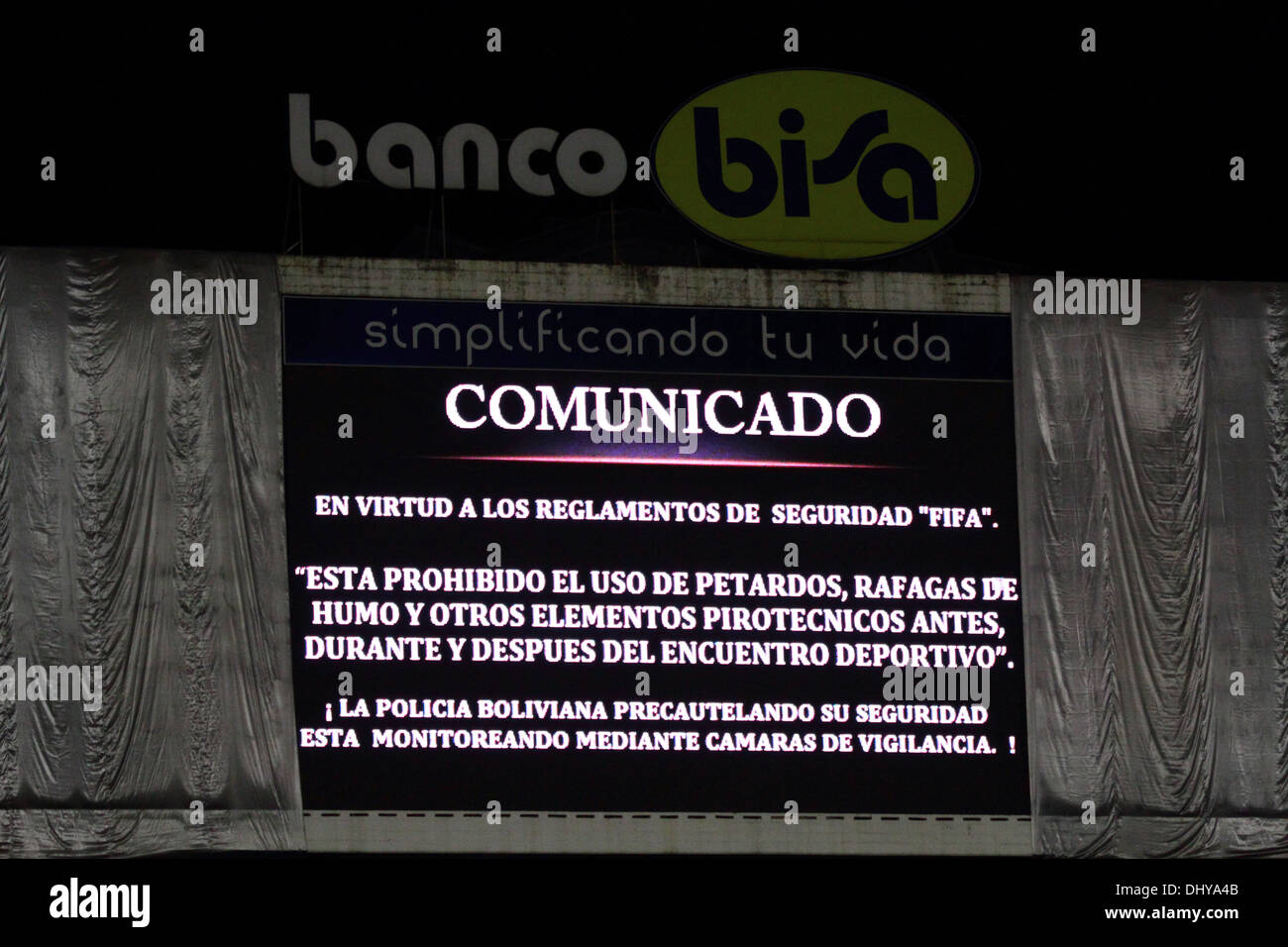 Message on stadium scoreboard in Spanish banning the use of flares and pyrotechnics during football matches, La Paz , Bolivia Stock Photo