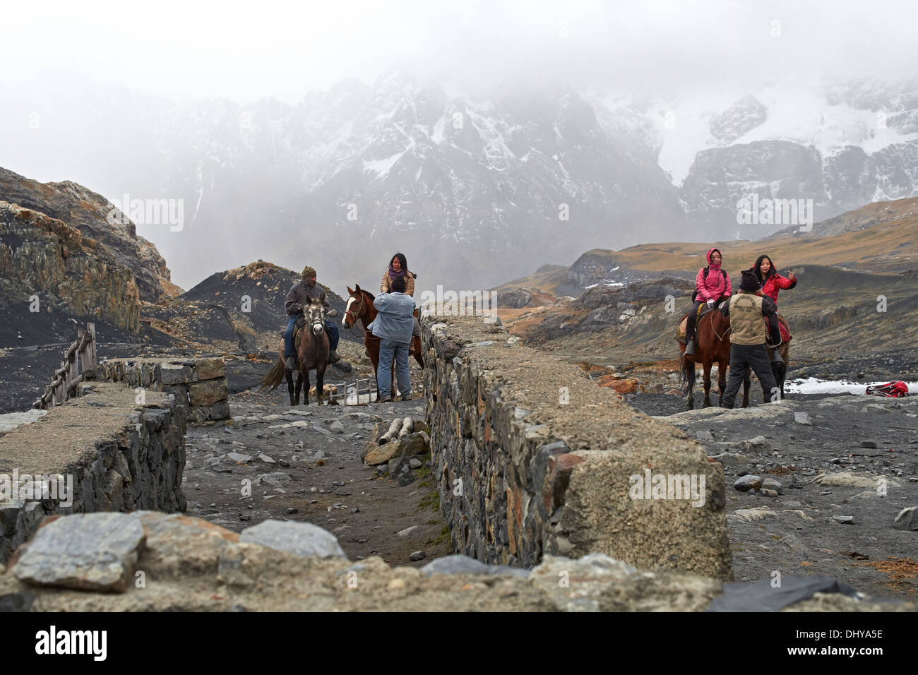 Tourists riding towards the Pastoruri Glacier in the Peruvian Andes. Stock Photo