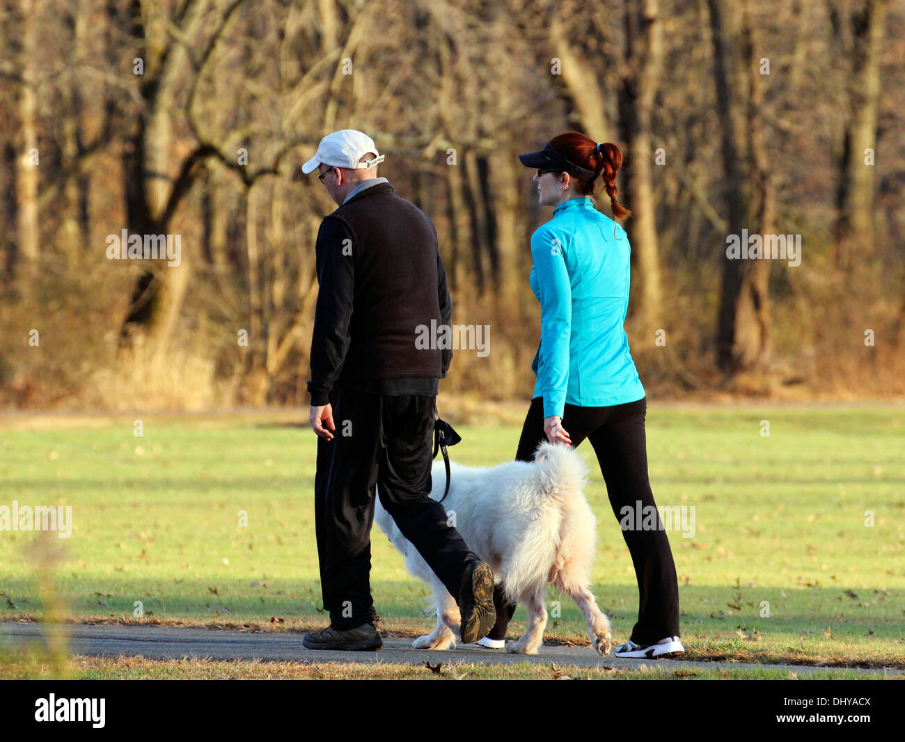 Man and woman walking a white dog on a path in the park. Stock Photo
