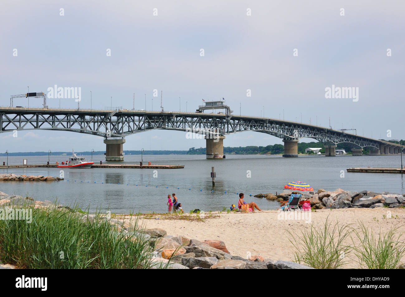 Beach in Yorktown, Virginia, USA P. Coleman Memorial Bridge