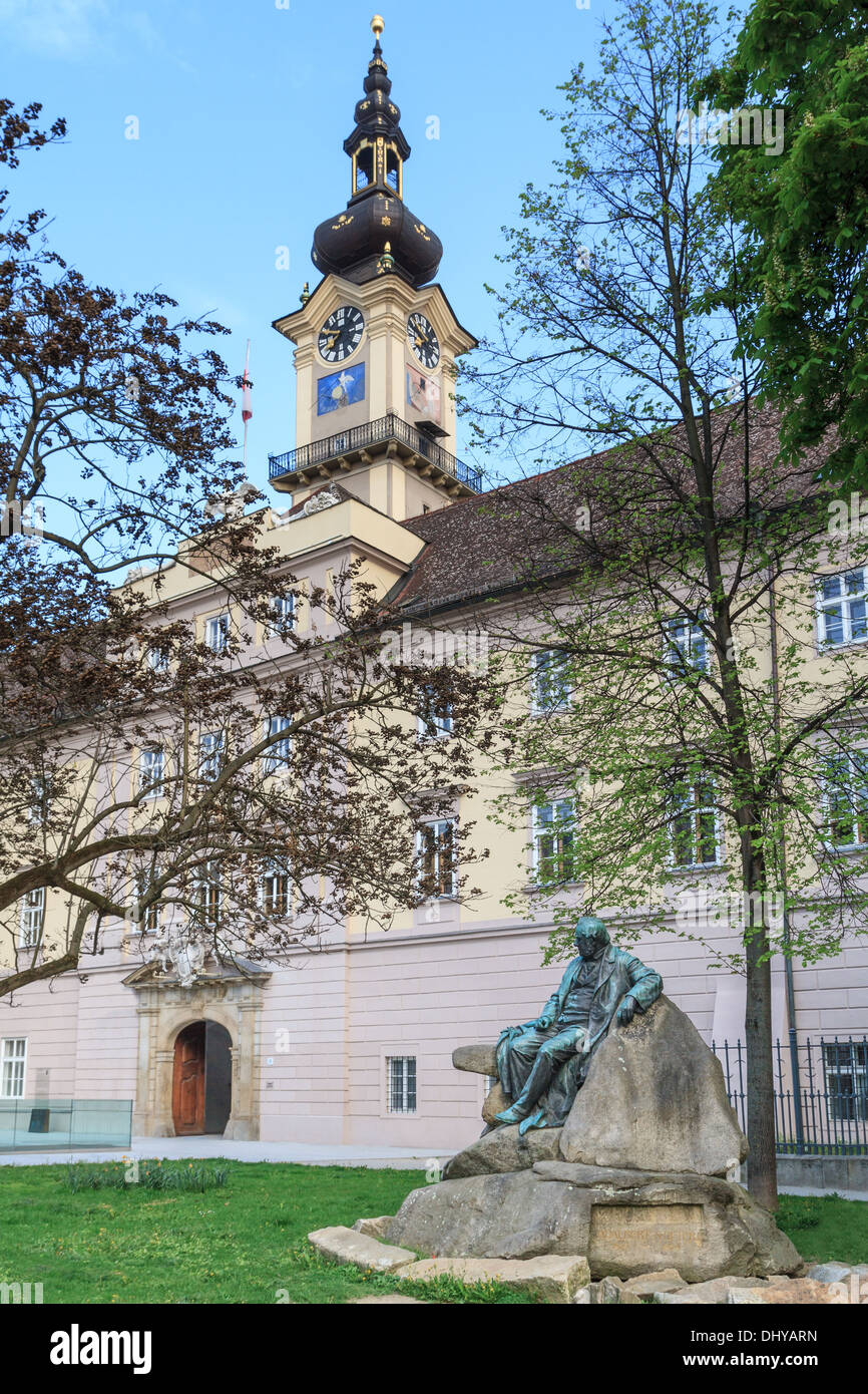 Linz - Landhaus / Upper Austrian Landtag / Parliament with Adalbert Stifter statue Stock Photo
