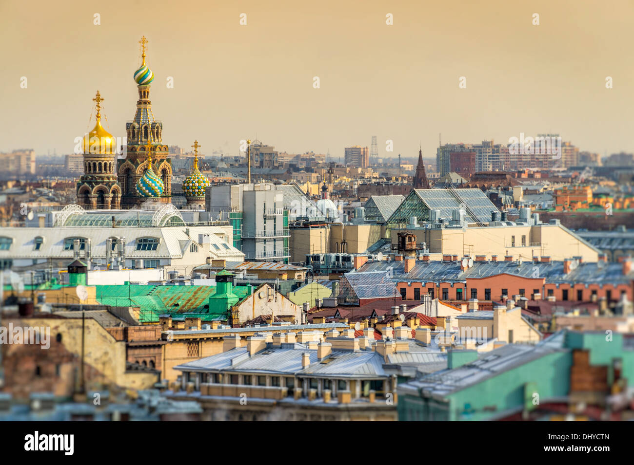 View of Saint Petersburg skyline and Church of the Savior on Blood domes from from Saint Isaac's Cathedral Stock Photo