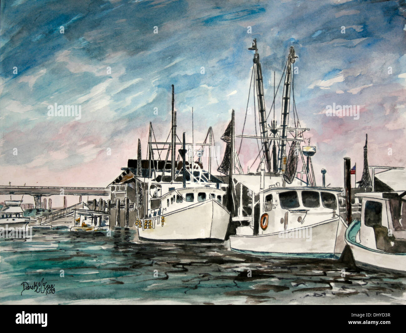 shrimp boats nautical watercolor painting Stock Photo