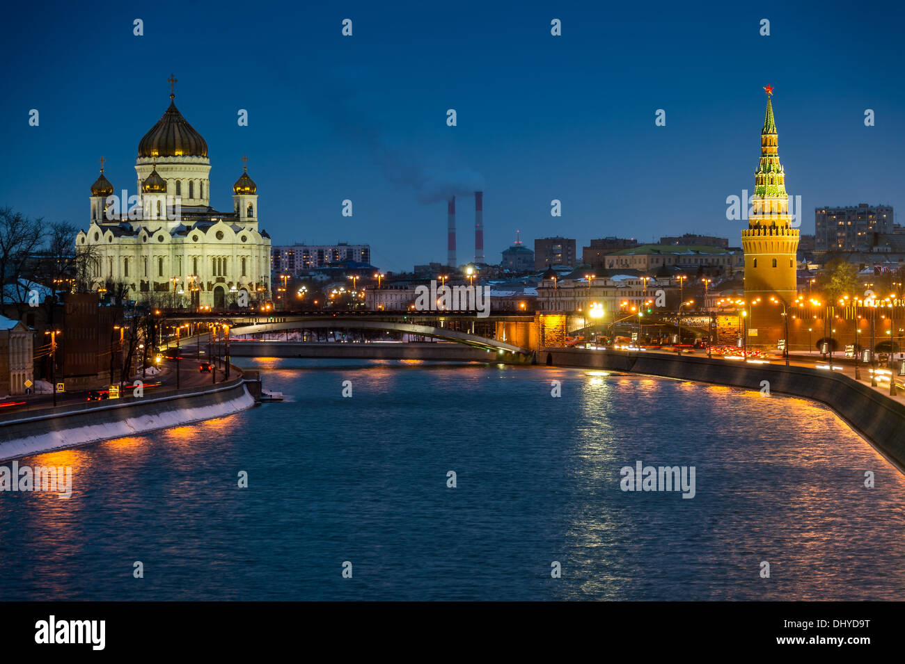 View of the Moskva River with the Kremlin and Cathedral of Christ the Saviour at night Stock Photo