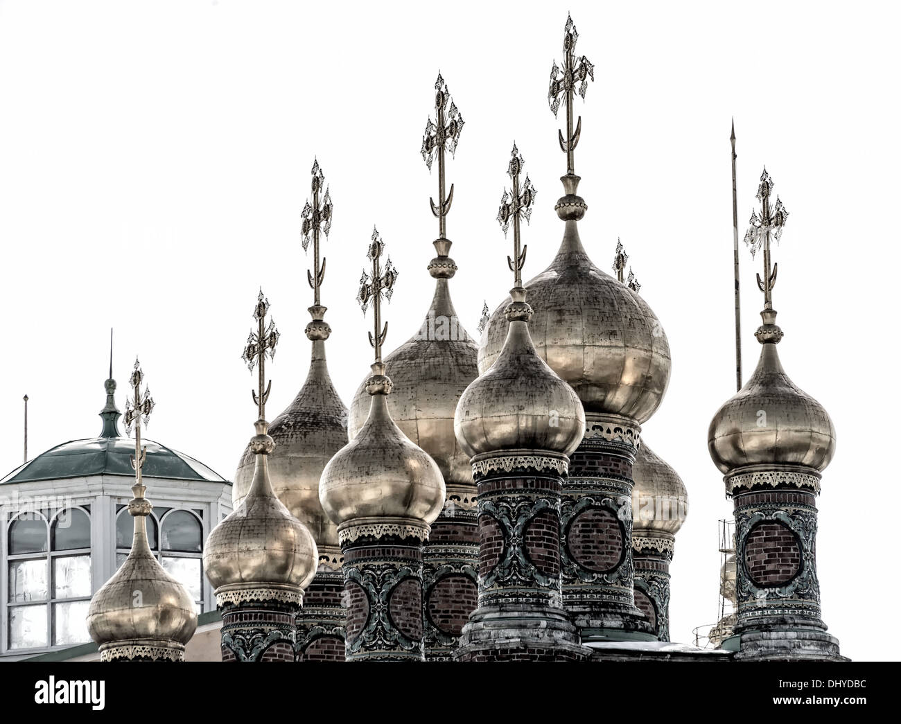 Detail of cupolas in The Upper Saviour's Cathedral and Terem Churches in the Kremlin in Moscow Stock Photo