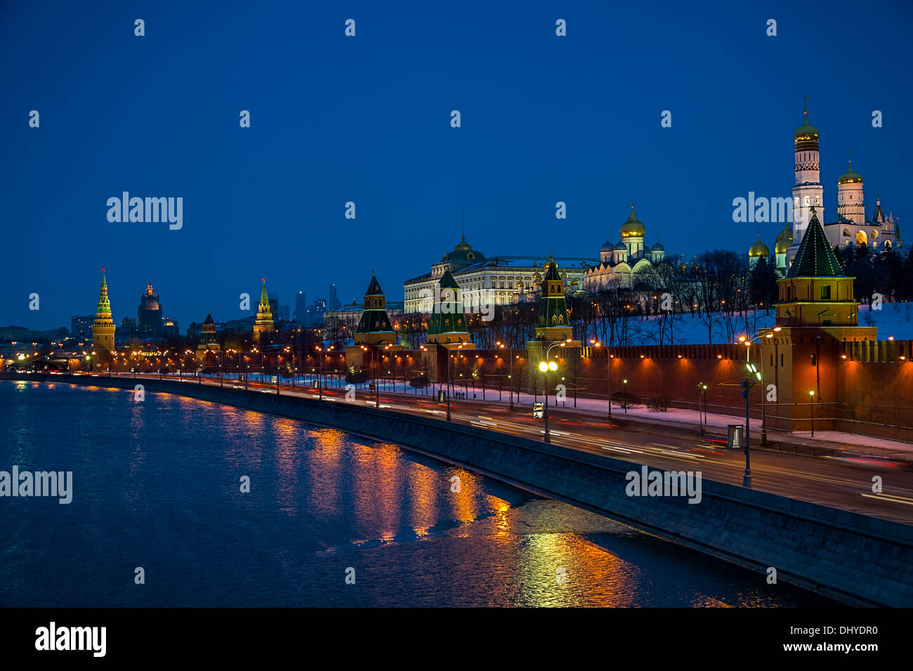 The Kremlin from the banks of the Moskva River in Moscow at night in Russian Federation Stock Photo