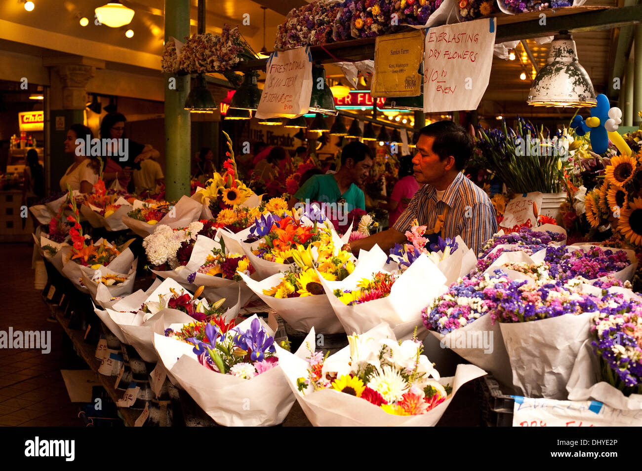 Retro image of Pike Place market with vendors selling their goods
