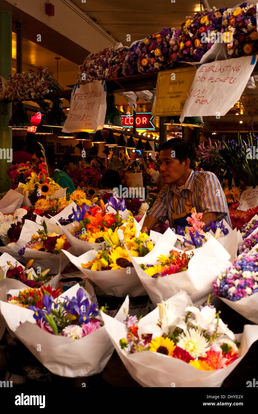 Retro image of Pike Place market with vendors selling their goods