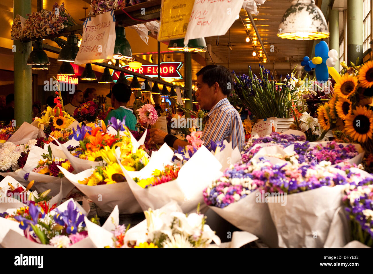 Retro image of Pike Place market with vendors selling their goods