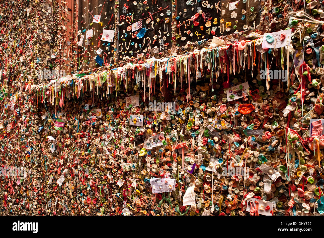 Pike Place market with close-ups of gum wall down alley in Post Alley ...