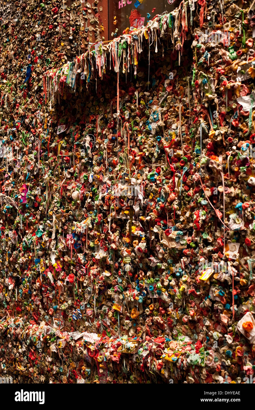 Pike Place market with closeups of gum wall down alley in Post Alley