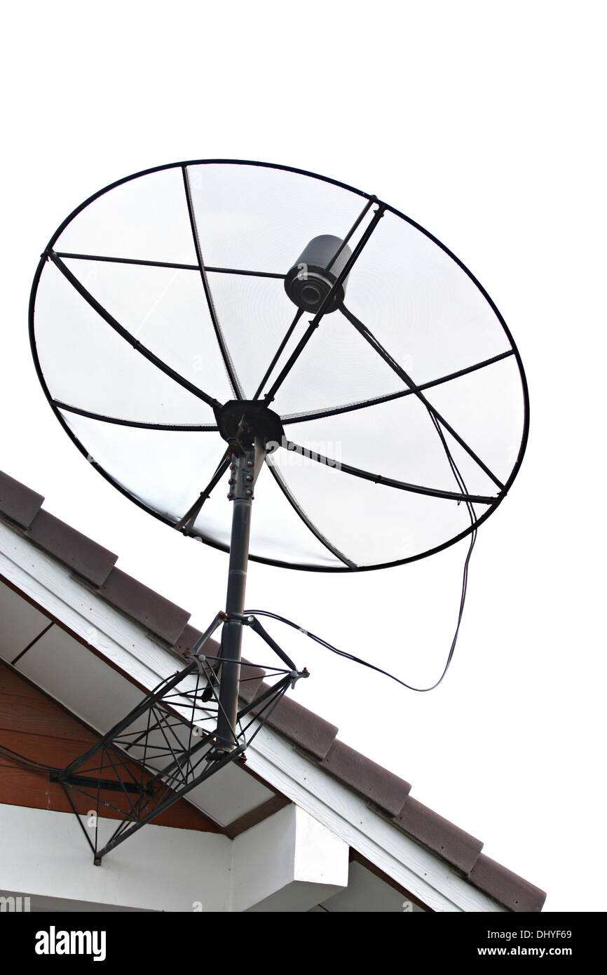 The Picture Satellite dish Stuck to roof of house on white background. Stock Photo