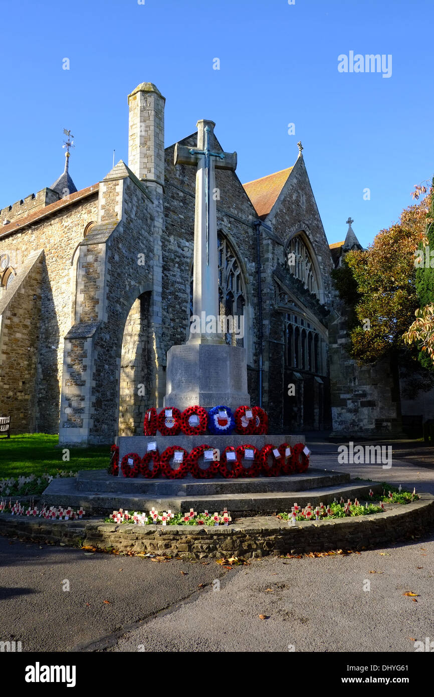 The 12th Century St Mary's Church, Rye, Sussex, UK with poppies for Rememberance Sunday Stock Photo