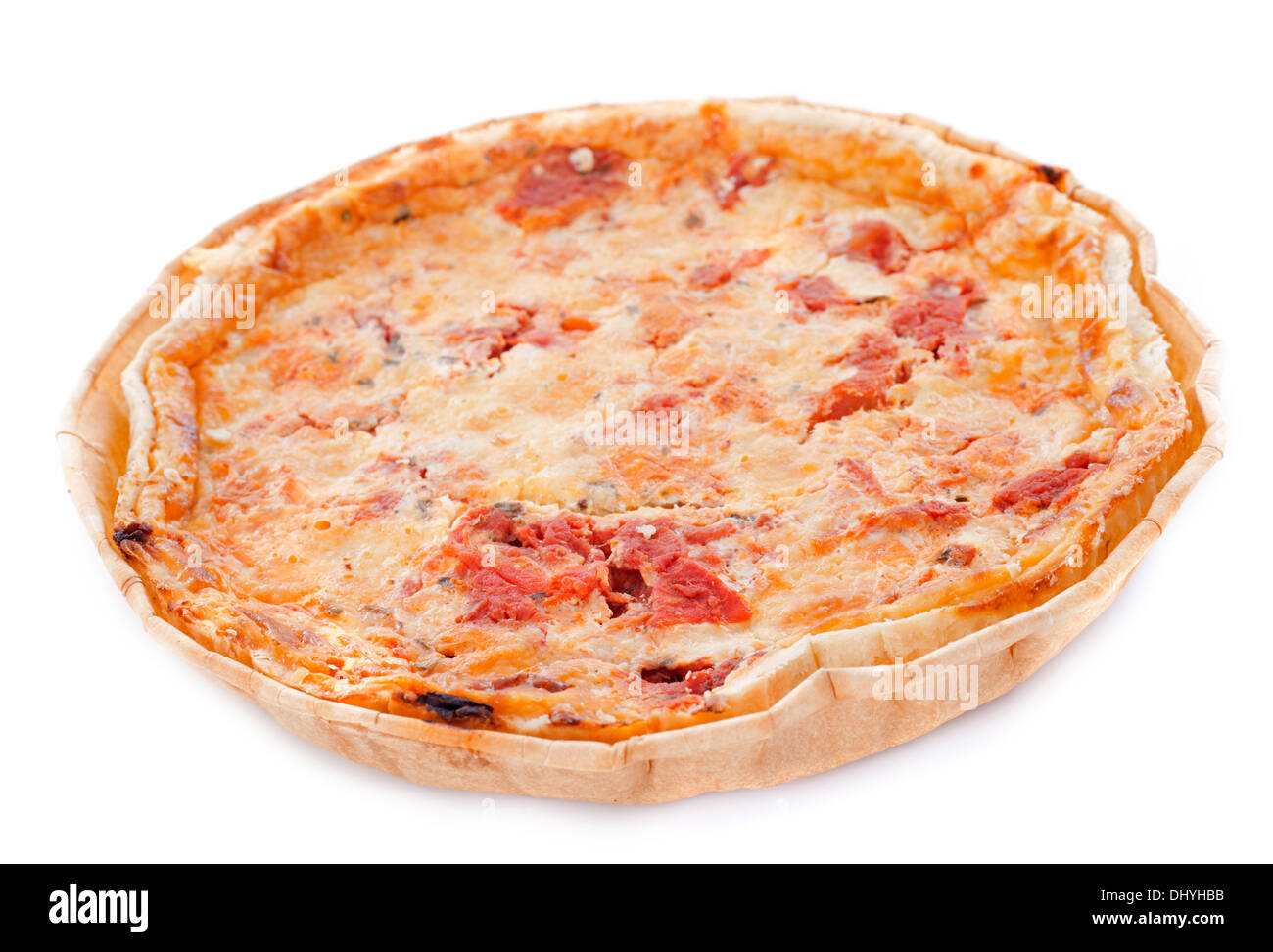 tomatoes tart in front of white background Stock Photo