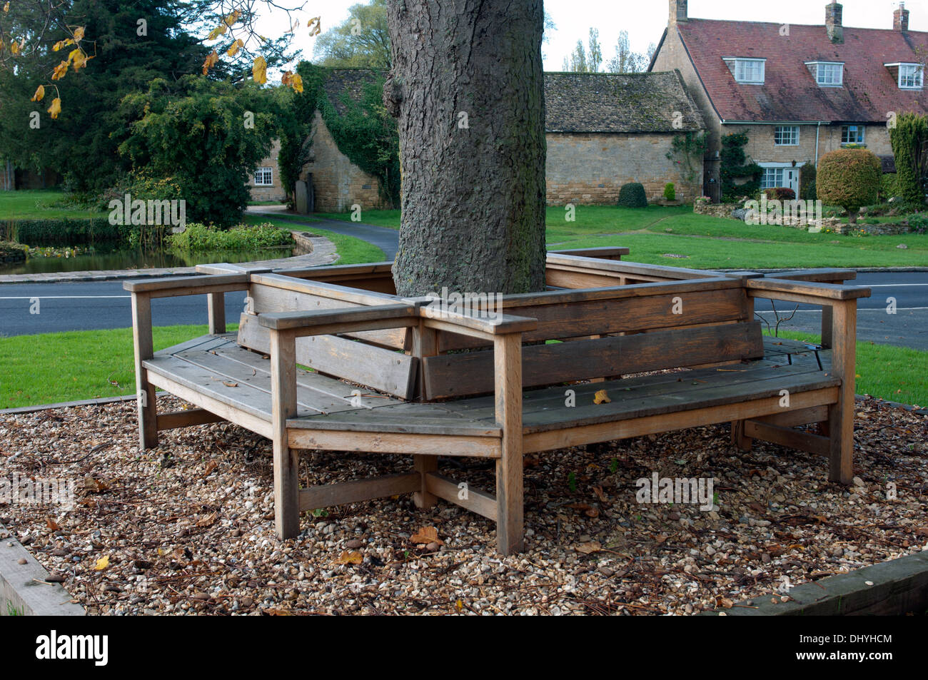 Bench around base of tree, Willersey, Gloucestershire, England, UK