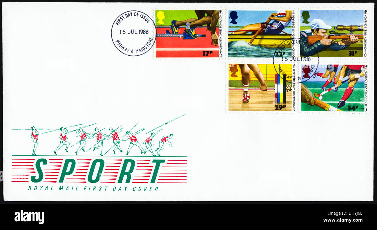 Commemorative Royal Mail 17p 22p 29p 31p & 34p postage stamp first day cover for Sport issue postmark Medway & Maidstone 15 July 1986 Stock Photo