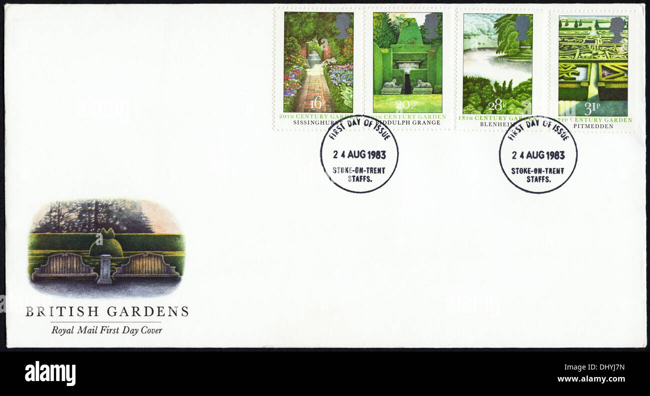 Commemorative Royal Mail 16p 20p 28p & 31p postage stamp first day cover for British Gardens issue postmark Stoke-on-Trent 24 August 1983 Stock Photo