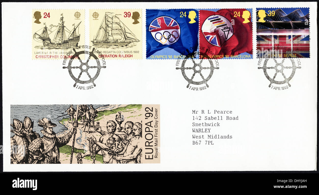 Commemorative Royal Mail 24p & 39p postage stamp first day cover for Europa 1992 issue postmark Liverpool 7 April 1992 Stock Photo
