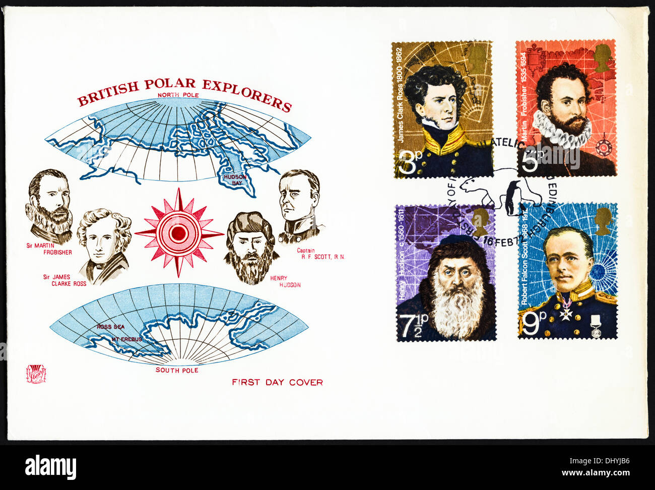 Commemorative 3p 5p 7½p & 9p postage stamp first day cover for British Polar Explorers 1972 issue postmark Edinburgh 16 February 1972 Stock Photo