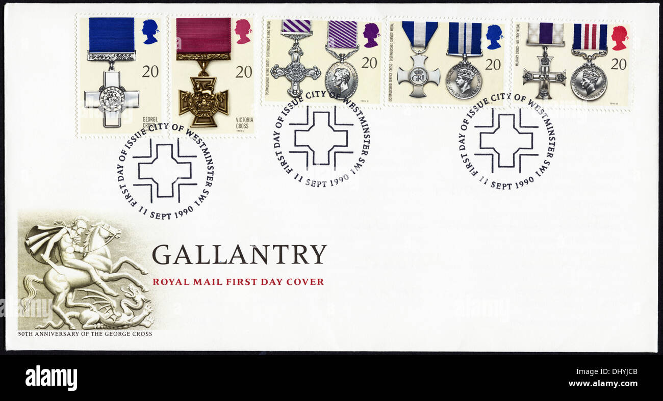 Commemorative Royal Mail 20p postage stamp first day cover for Gallantry medals issue postmark City of Westminster 11 September 1990 Stock Photo