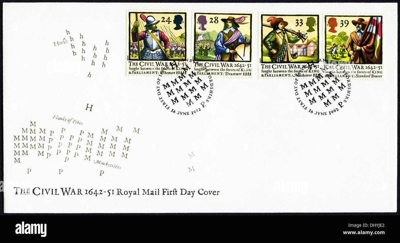 Commemorative Royal Mail 24p 28p 33p & 39p postage stamp first day cover for Civil War 1642 - 1651 issue postmark Banbury Oxfordshire 16 June 1992 Stock Photo