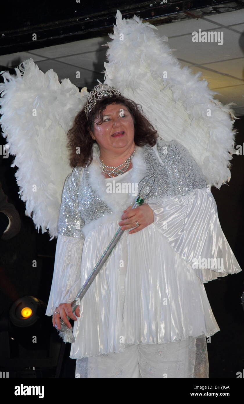 16 Nov. 2013.  Derby, UK. 16th Nov, 2013. Cheryl Fergison, dressed as her pantomime character ‘Spirit of the Beans’ on stage at Derby city centre’s Capital FM Christmas Lights Switch-on in association with Derby Live.  Cheryl Fergison is starring in Jack and the Beanstalk at the Assembly Rooms in Derby, 4 Dec – 5 Jan alongside actor, George Telfer. Credit:  Deborah Vernon/Alamy Live News Stock Photo