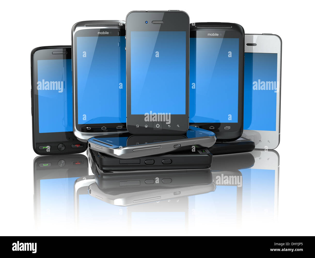 Choose mobile phone. Pile of new cellphones. 3d Stock Photo