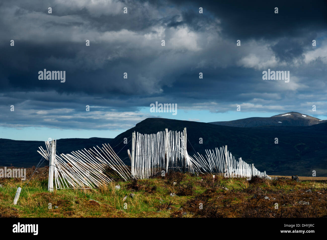 Broken wooden fence posts against the backdrop of the Northern Scottish Highlands just off the A835 Inverness to Ullapool road. Stock Photo
