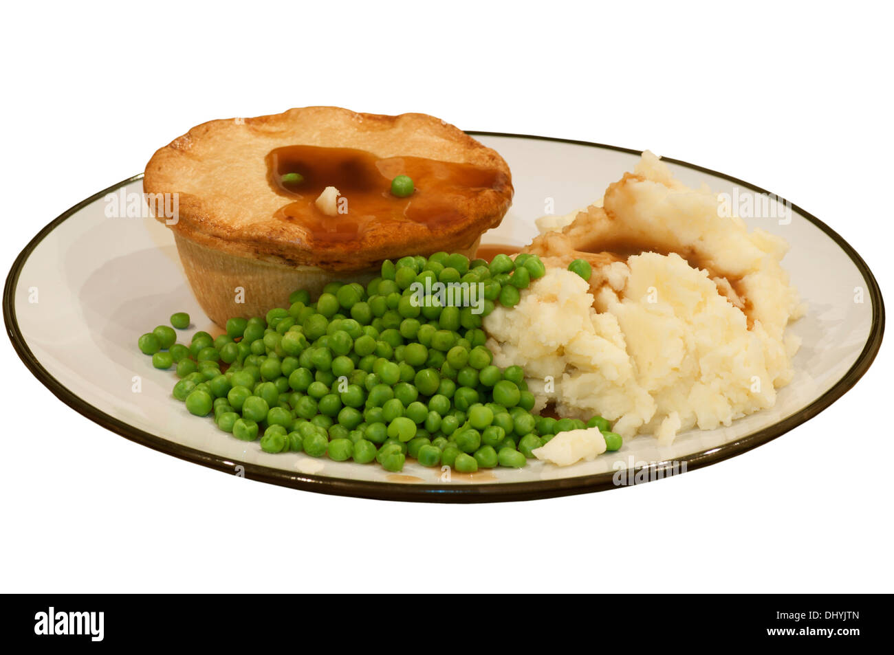 Hot Dinner Of meat Pie Mashed Potatoes and Peas on a Plate Stock Photo
