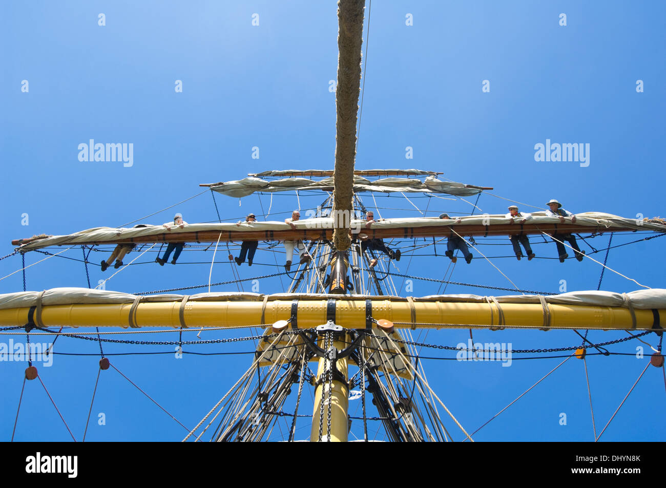 Furling the Sails, James Craig Tall Ship, Sydney, Australia Stock Photo