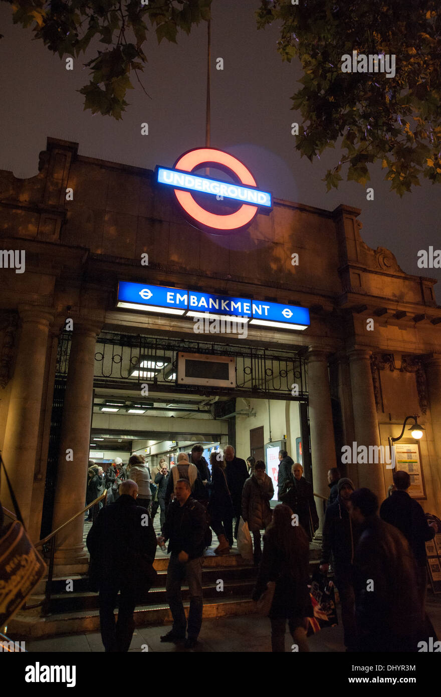 Entrance to Embankment Underground station London UK at night Stock Photo