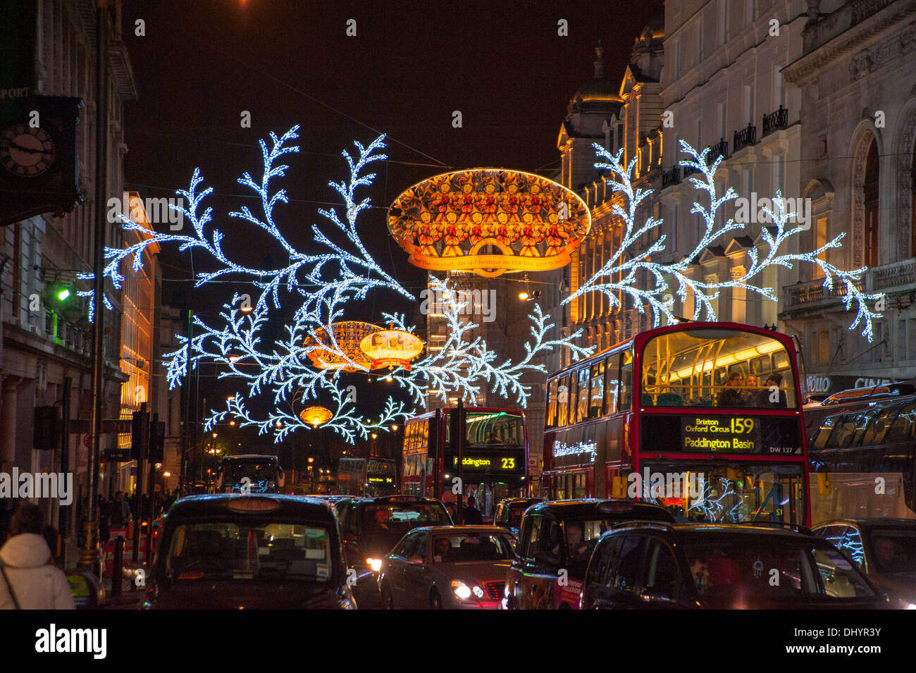Christmas Lights in London West End at night UK Stock Photo