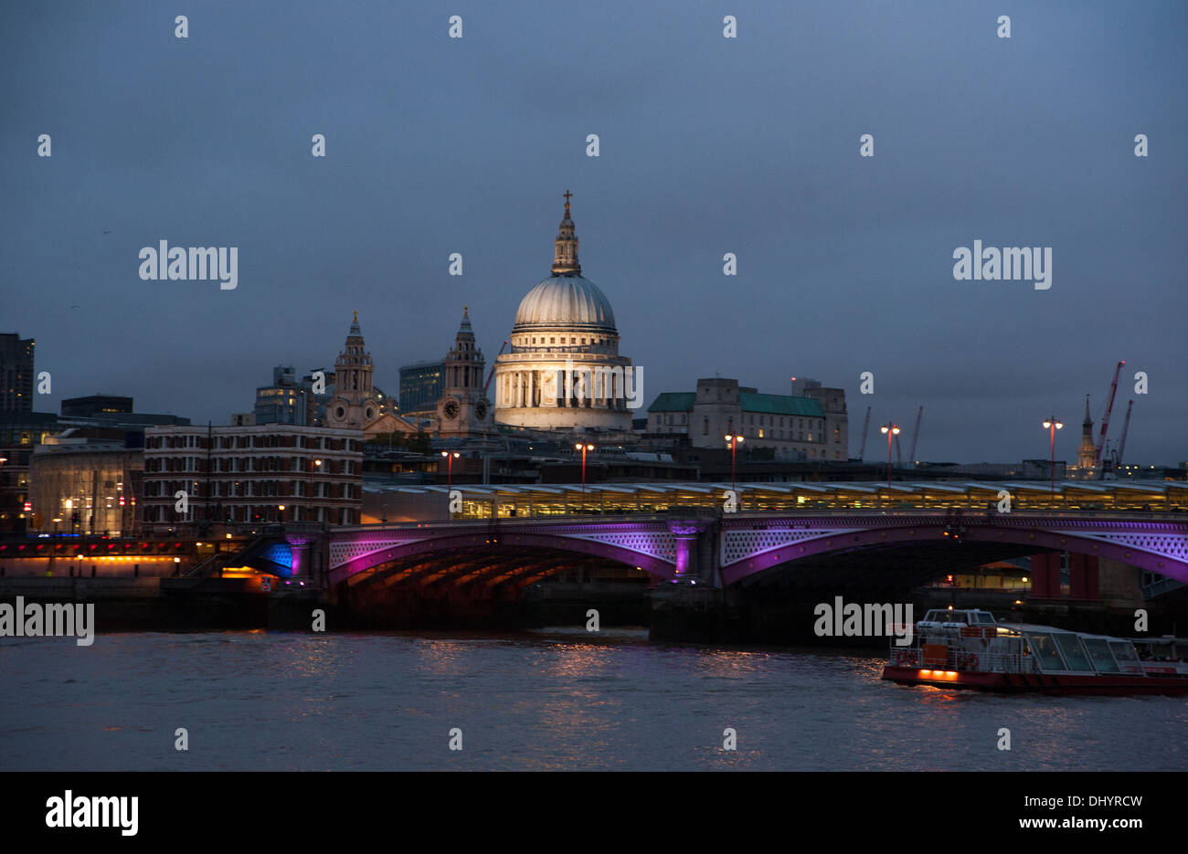 View of St Pauls cathedral taken at dusk from the South Bank London UKR Stock Photo