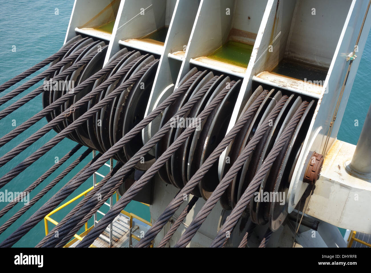 Pulleys and cables on a pipelay vessel Stock Photo Alamy