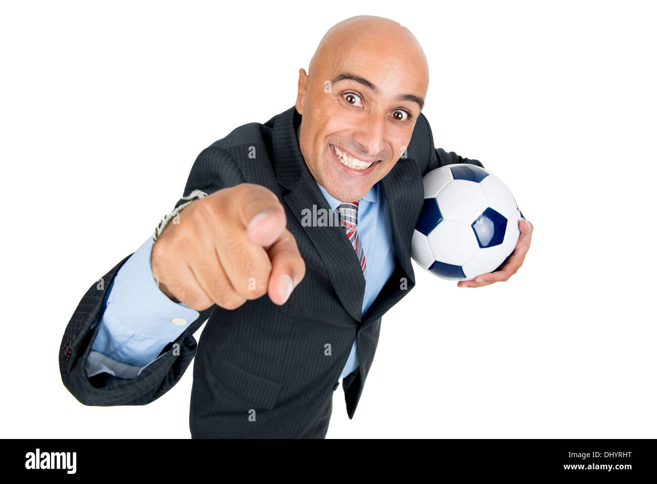 Happy businessman with soccer ball isolated in white Stock Photo - Alamy