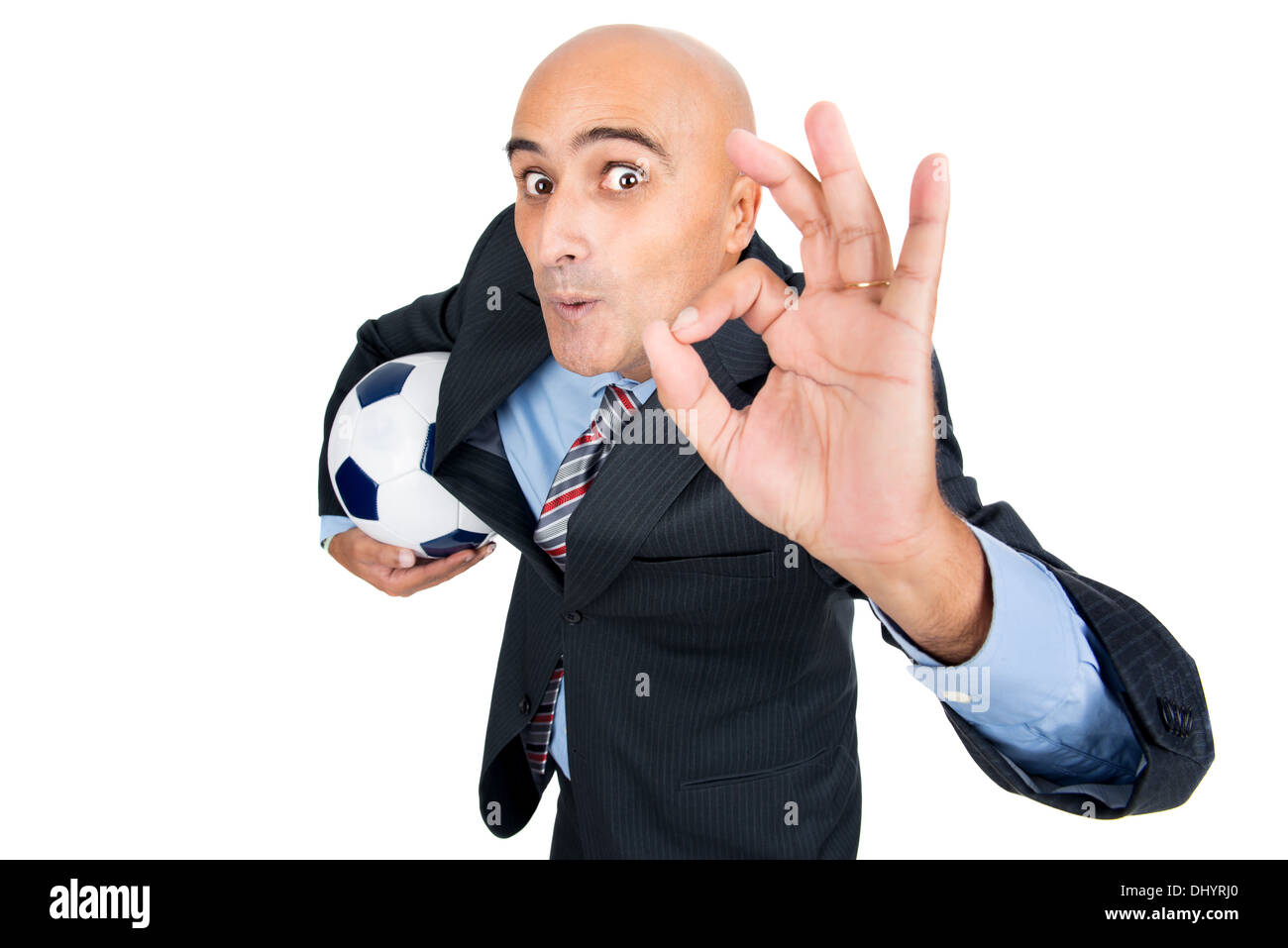 Happy businessman with soccer ball isolated in white Stock Photo - Alamy