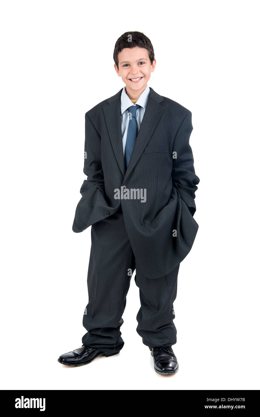 Young boy dressed with a big man's suit Stock Photo