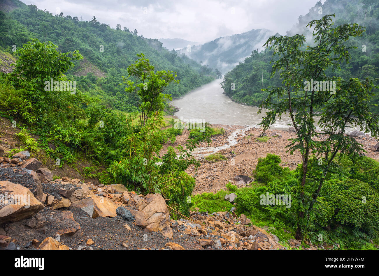 River Kameng winds its way through a deep valley gorge flanked by forests near Dirang, western Arunachal Pradesh, India. Stock Photo